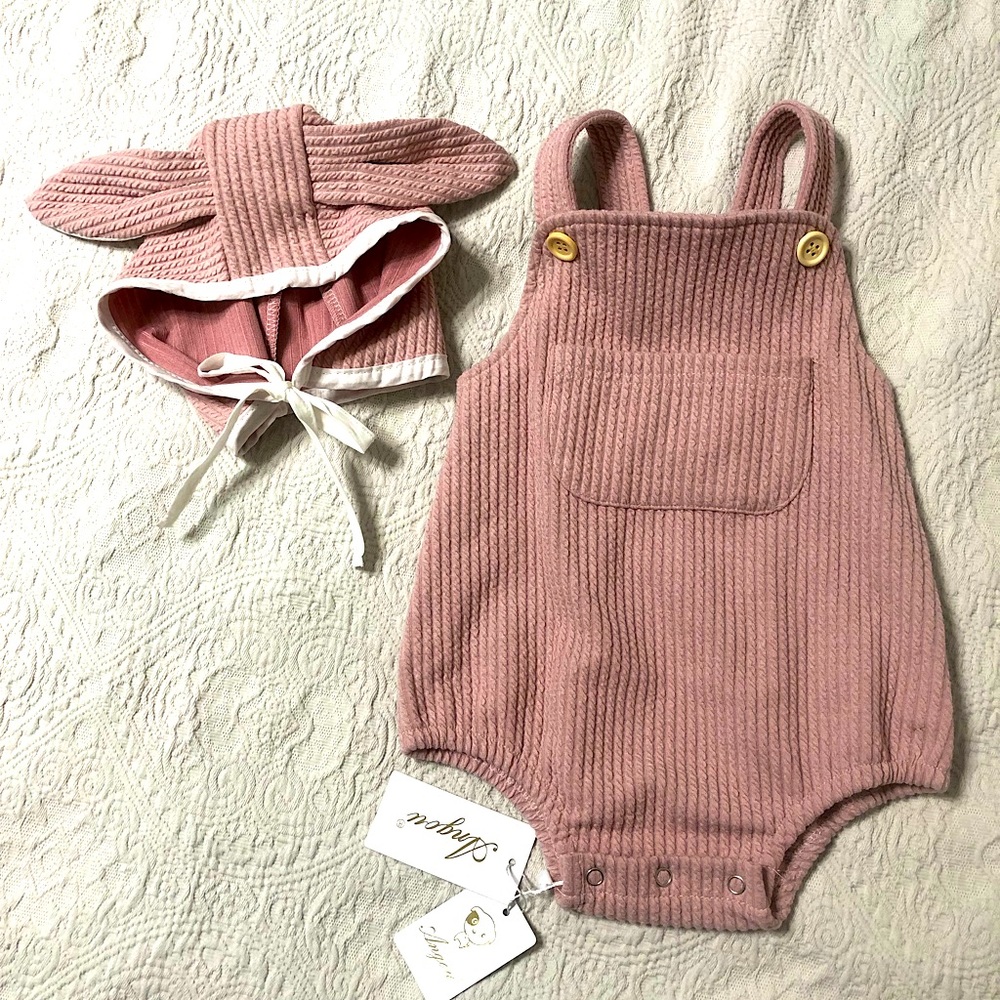 Mauve Pink Baby Romper Bubble with Rabbit Ear Bonnet